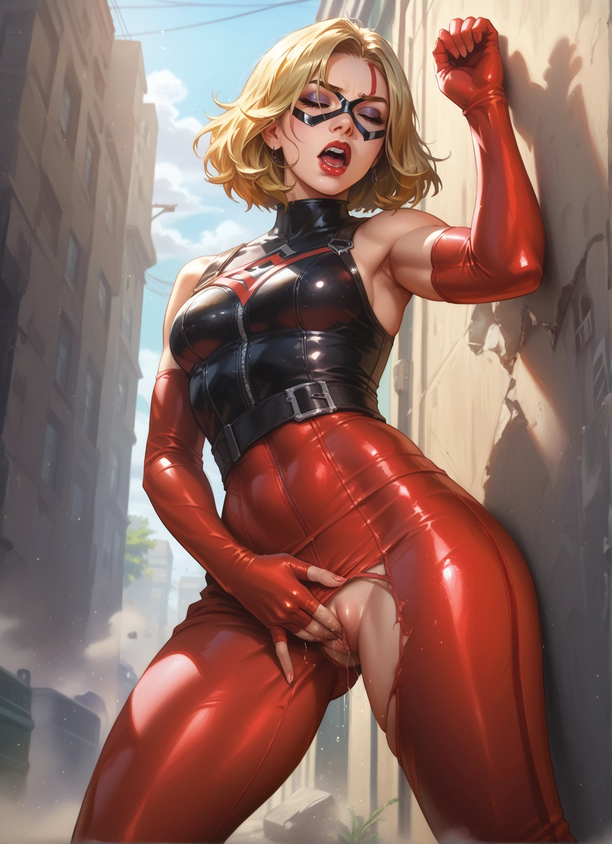1girl, solo, blonde hair, gloves, torn clothes, elbow gloves · Yamete.gg