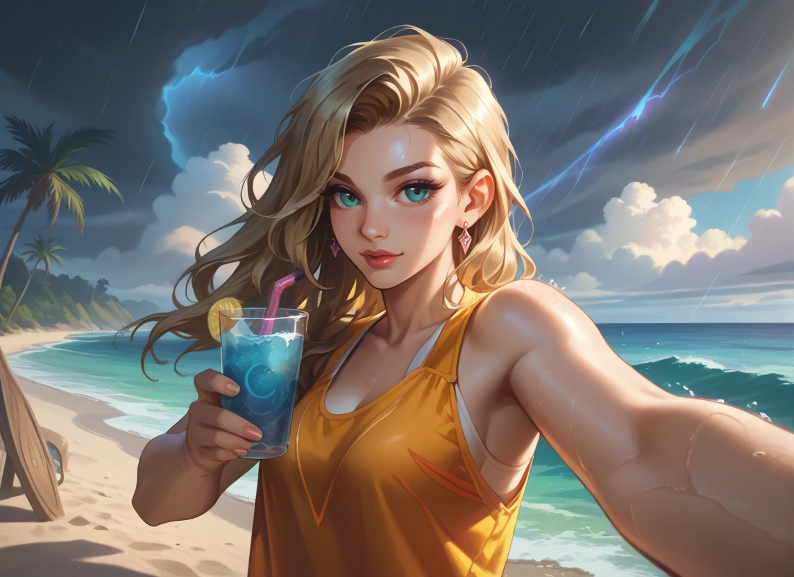 1girl, blonde hair, beach, jewelry, solo, outdoors · Yamete.gg