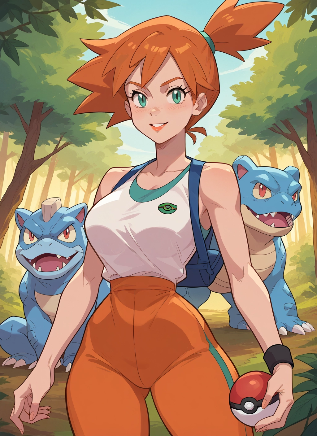 1girl, orange hair, breasts, holding, smile, outdoors · Yamete.gg