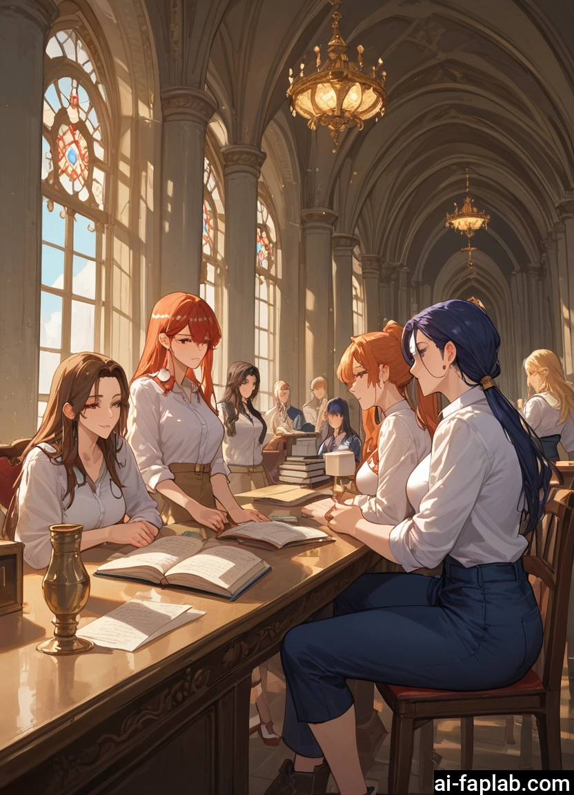 multiple girls, book, sitting, brown hair, pants, long hair · Yamete.gg