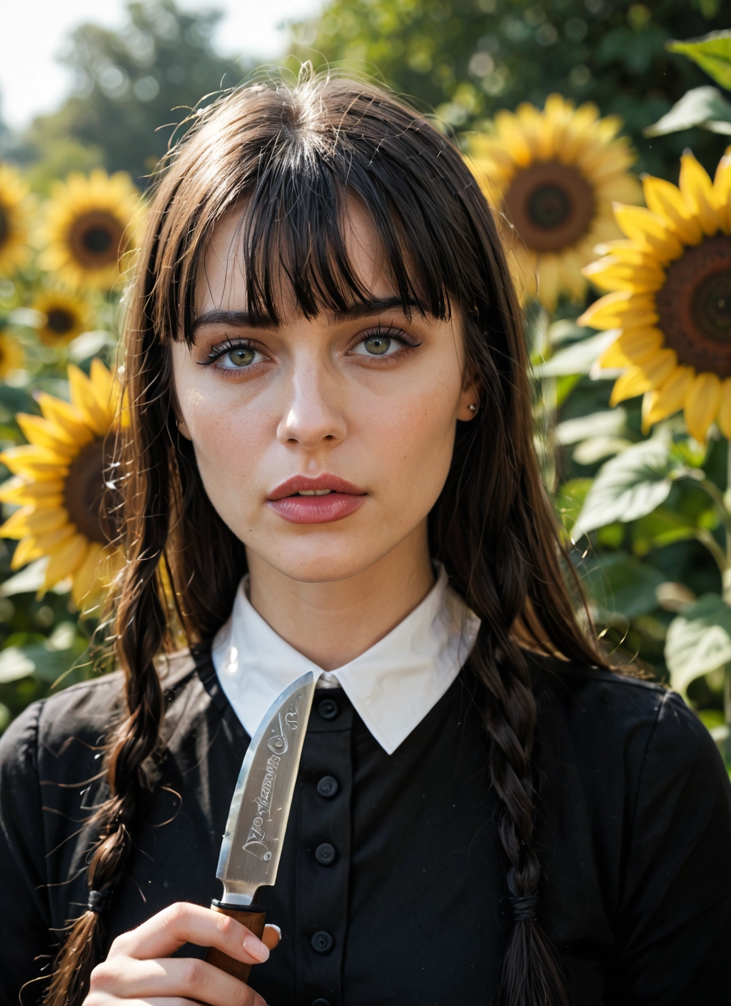 1girl, flower, solo, sunflower, knife, braid · Yamete.gg