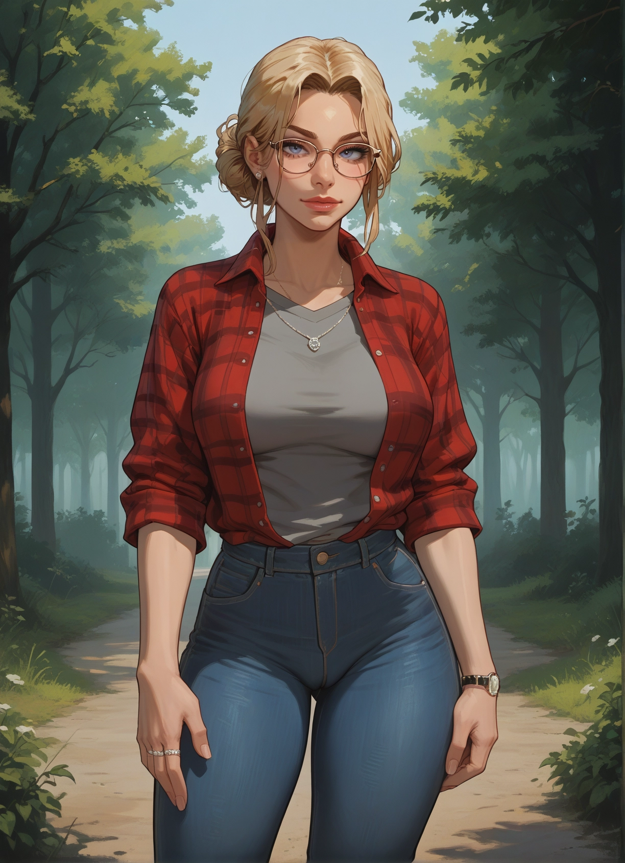 1girl, pants, blonde hair, jewelry, glasses, blue eyes · Yamete.gg