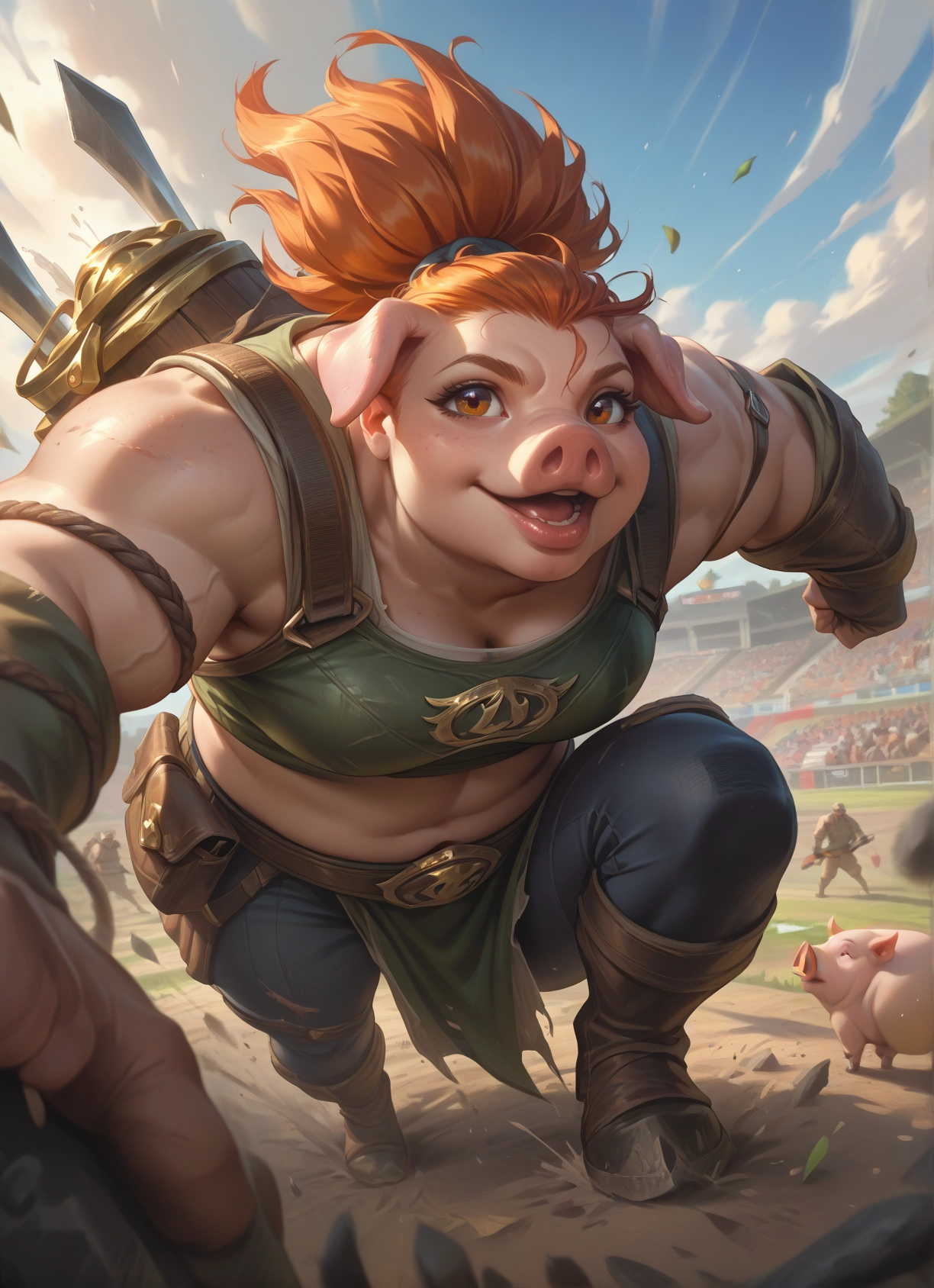 weapon, 1girl, sword, breasts, pig, boots · Yamete.gg