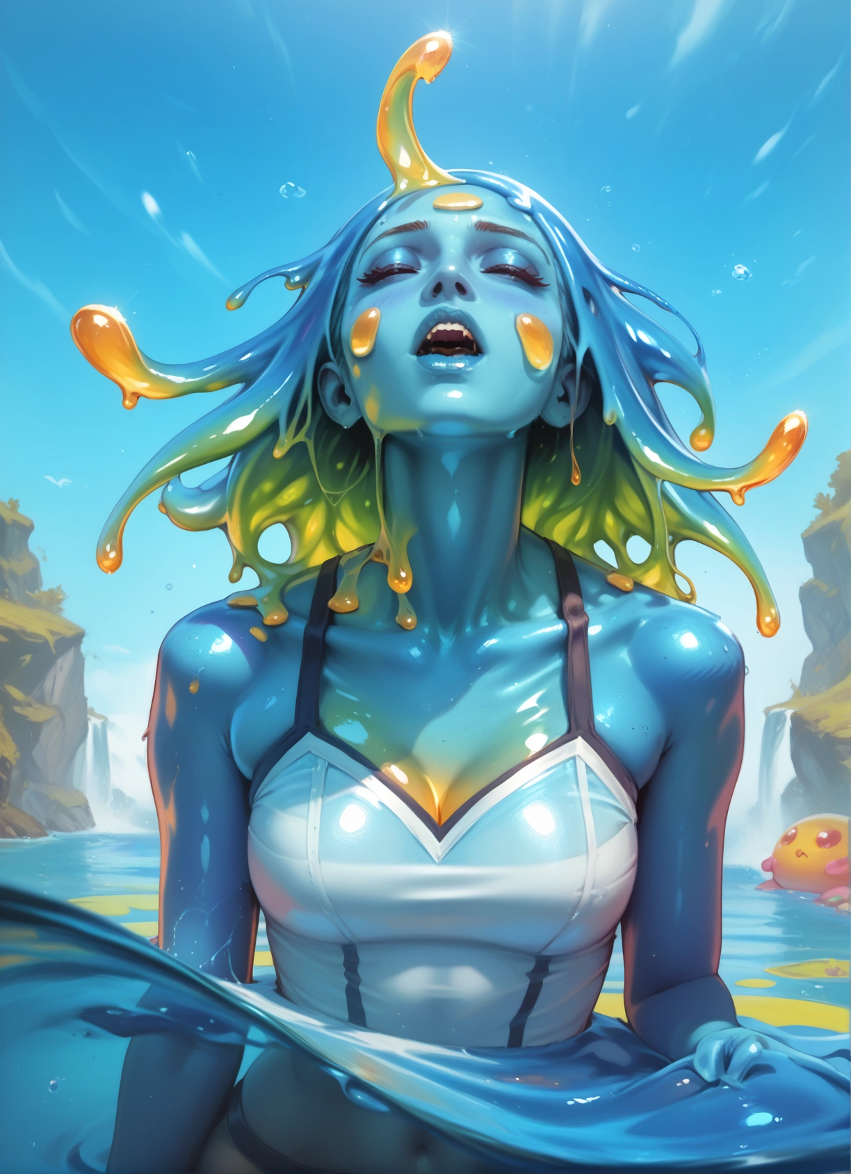 1girl, breasts, monster girl, colored skin, slime girl, closed eyes · Yamete.gg
