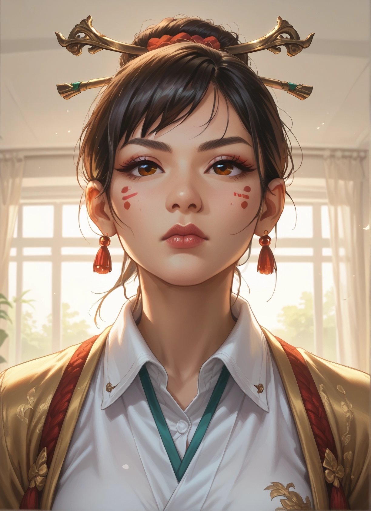 1girl, solo, hair ornament, jewelry, earrings, brown eyes · Yamete.gg