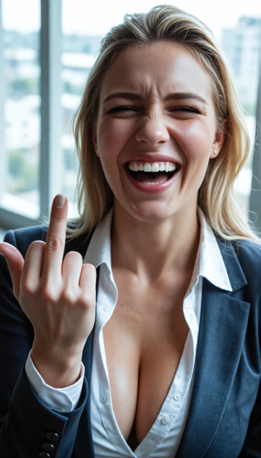 1girl, solo, breasts, middle finger, cleavage, teeth · Yamete.gg