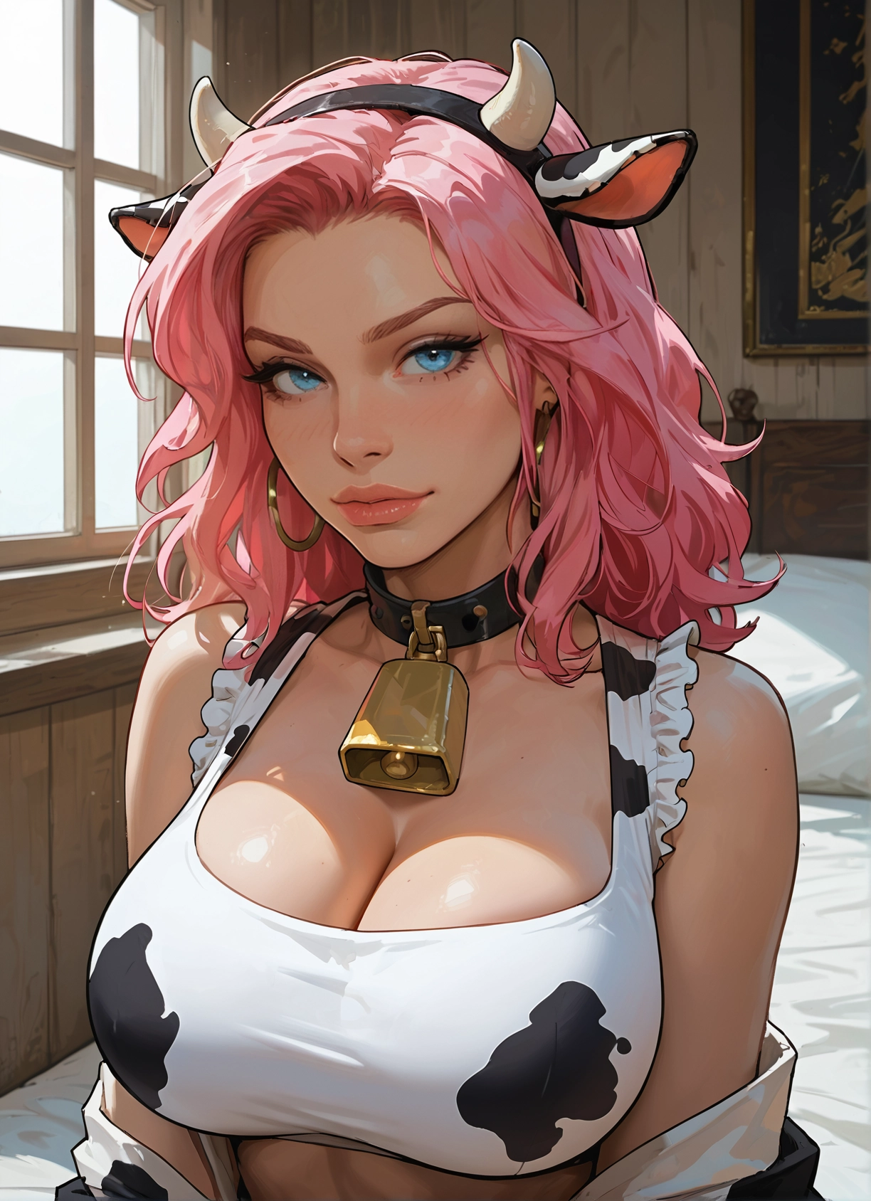 1girl, breasts, pink hair, animal ears, animal print, cow print · Yamete.gg