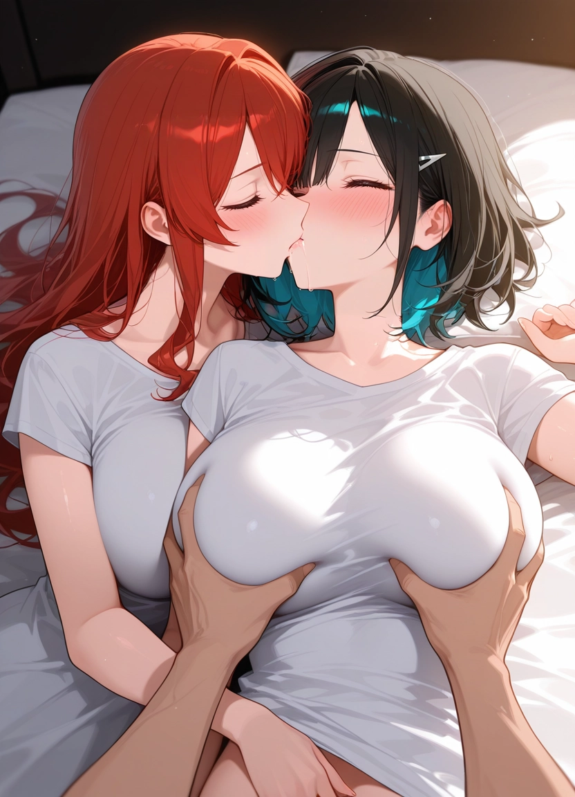 breasts, multiple girls, 2girls, closed eyes, kiss, shirt · Yamete.gg
