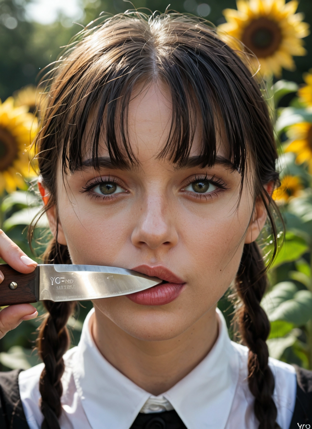 1girl, solo, knife, flower, sunflower, braid · Yamete.gg