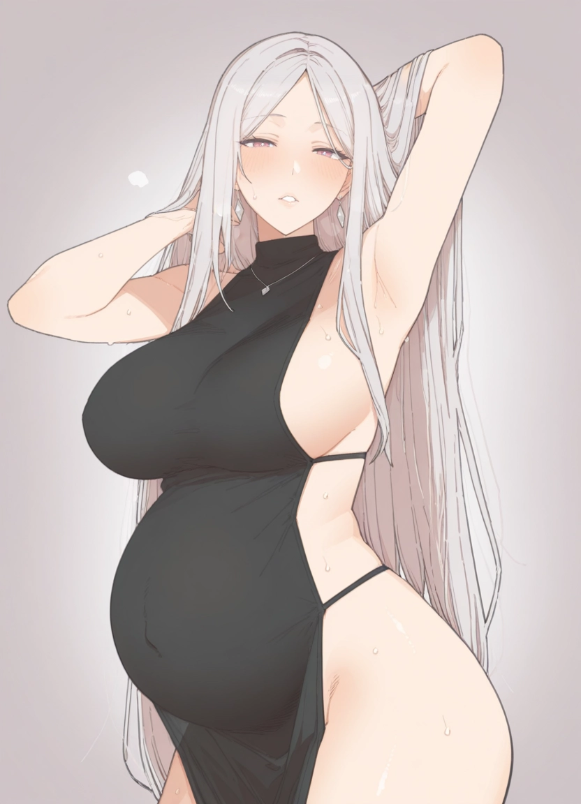 1girl, breasts, jewelry, long hair, solo, pregnant