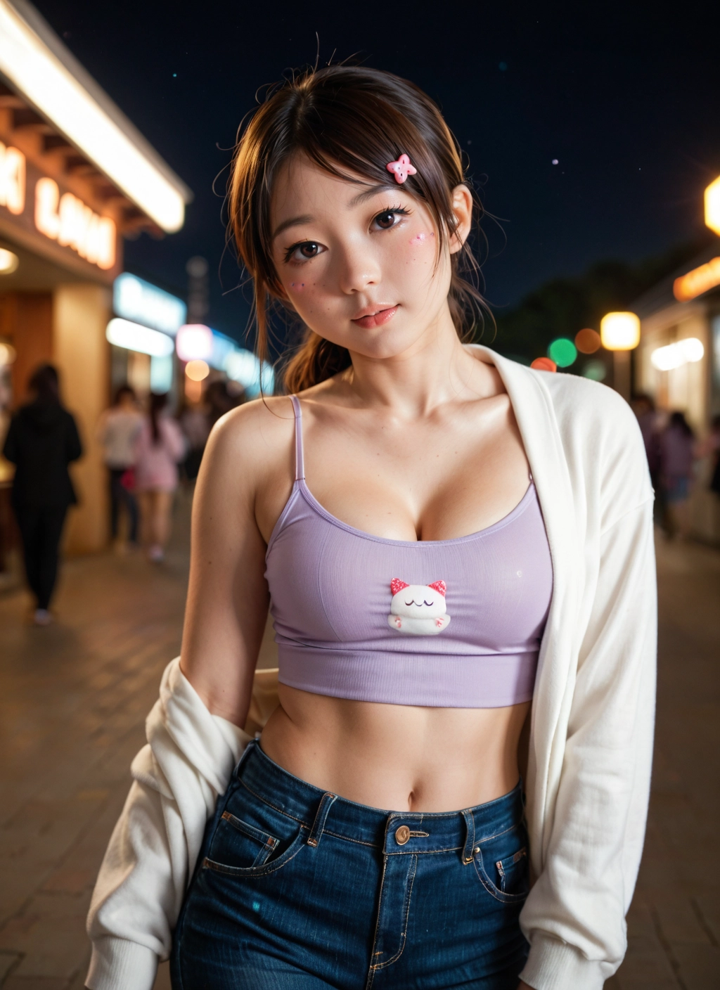 breasts, brown hair, navel, hair ornament, denim, 1girl