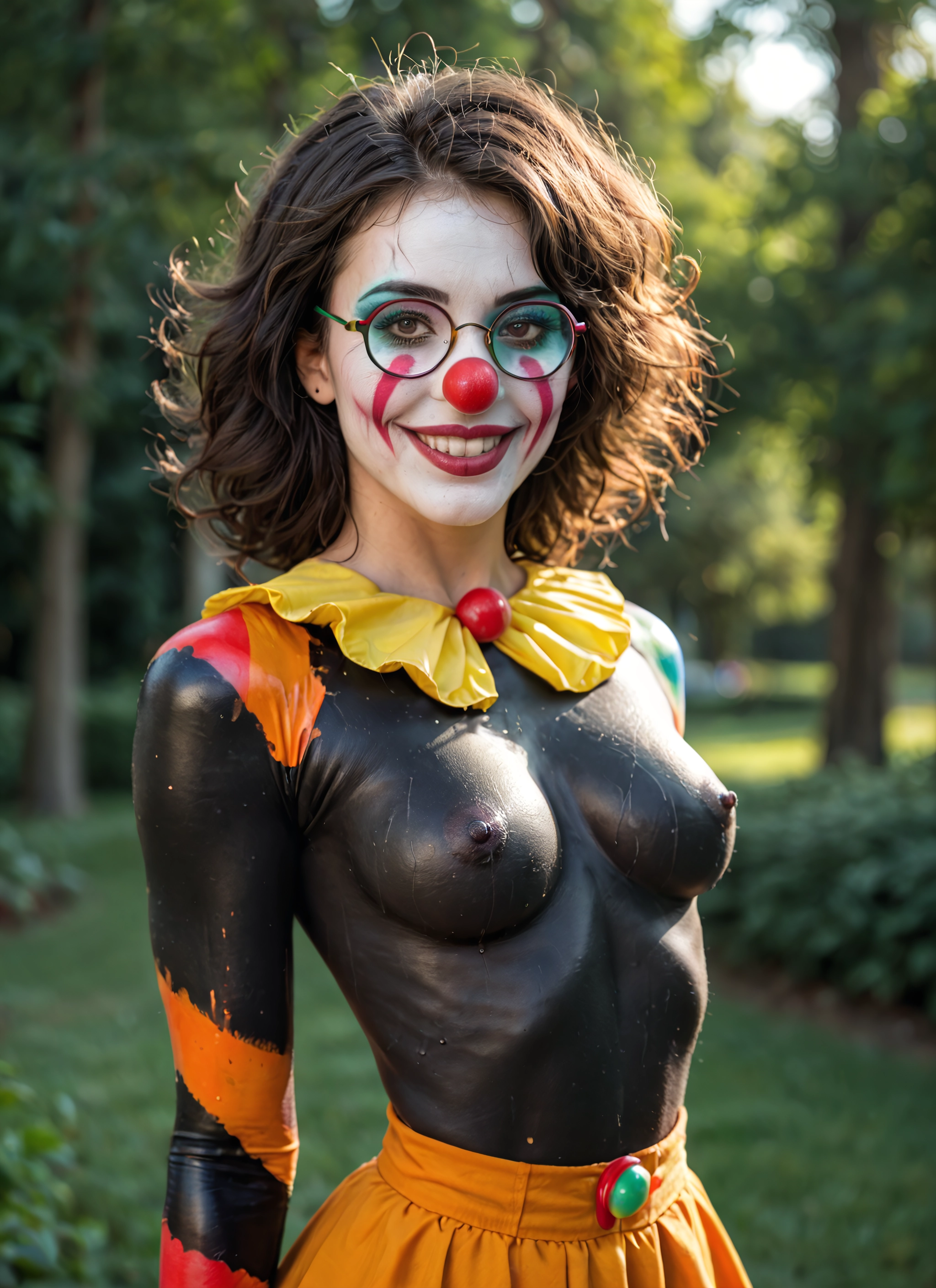 1girl, solo, breasts, glasses, clown, smile · Yamete.gg
