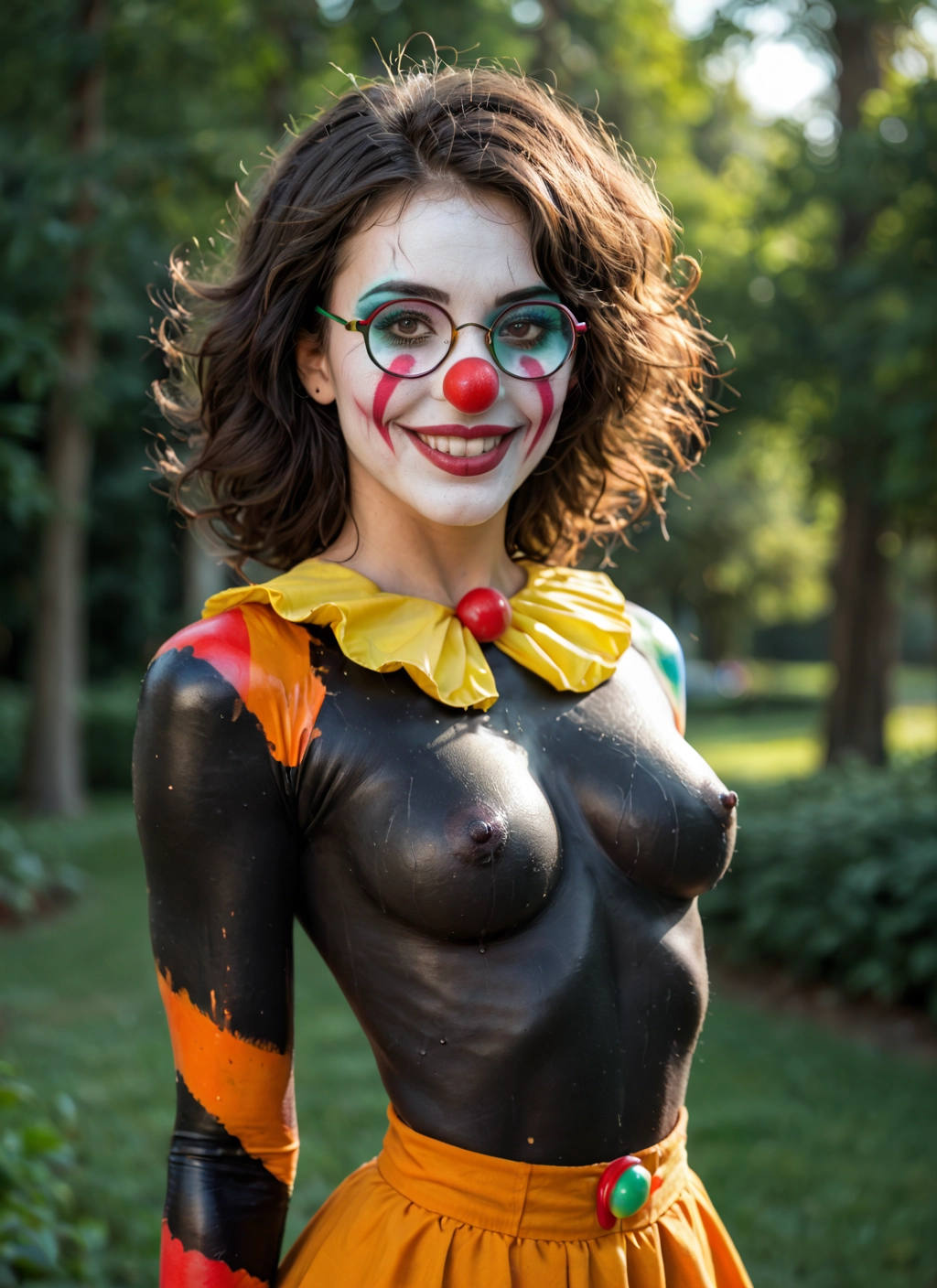 1girl, solo, breasts, glasses, clown, smile