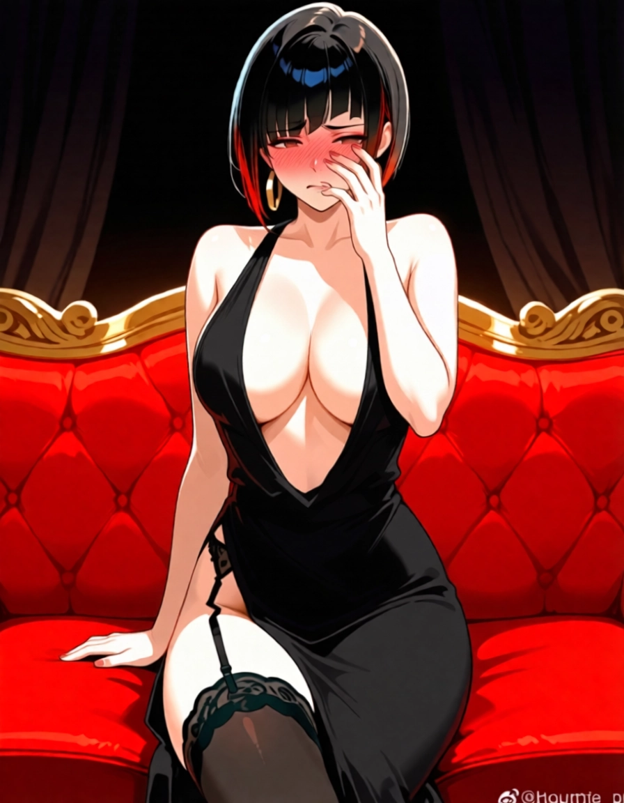 1girl, breasts, black hair, dress, solo, thighhighs · Yamete.gg