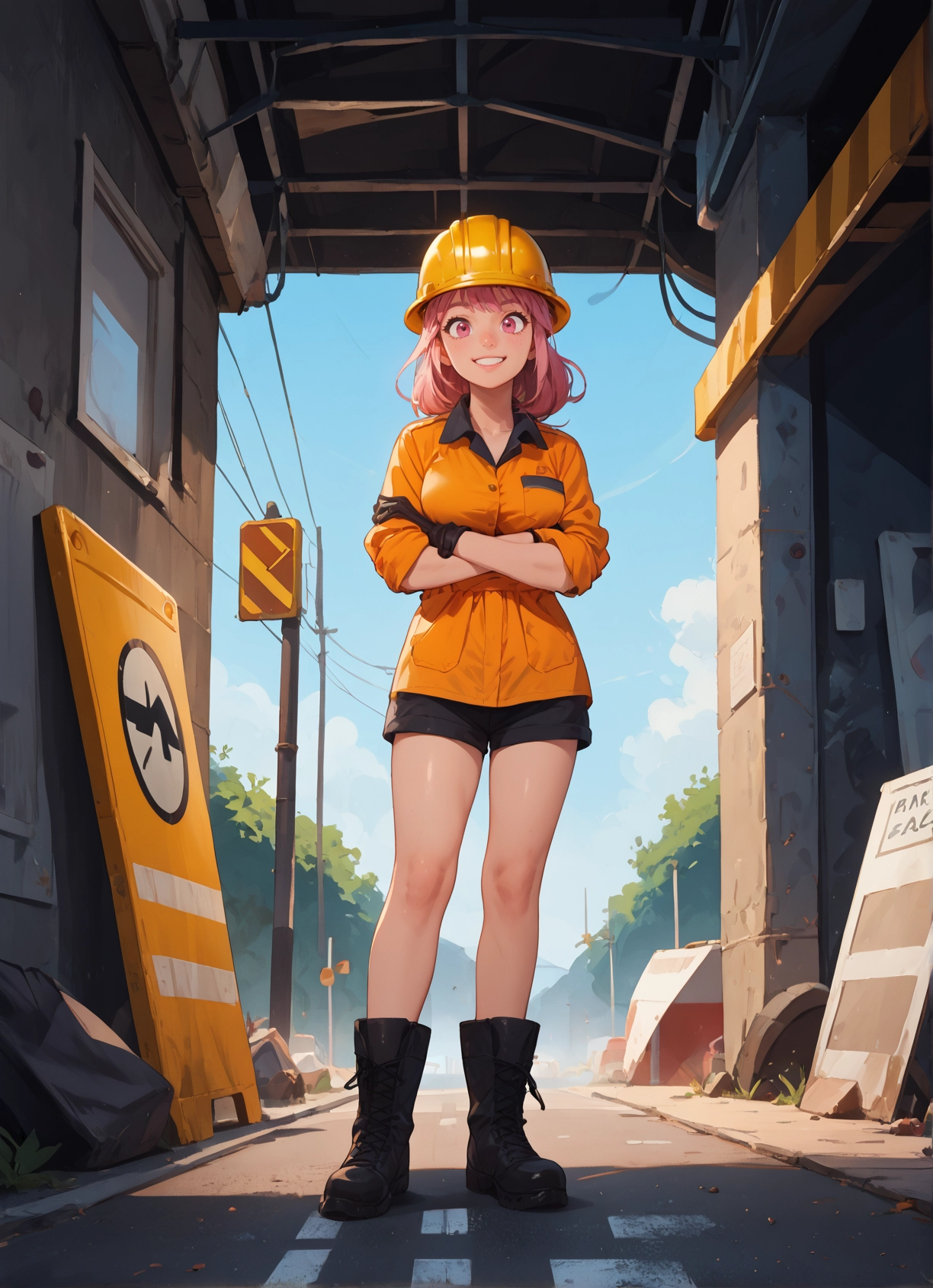 1girl, pink hair, gloves, boots, smile, solo · Yamete.gg