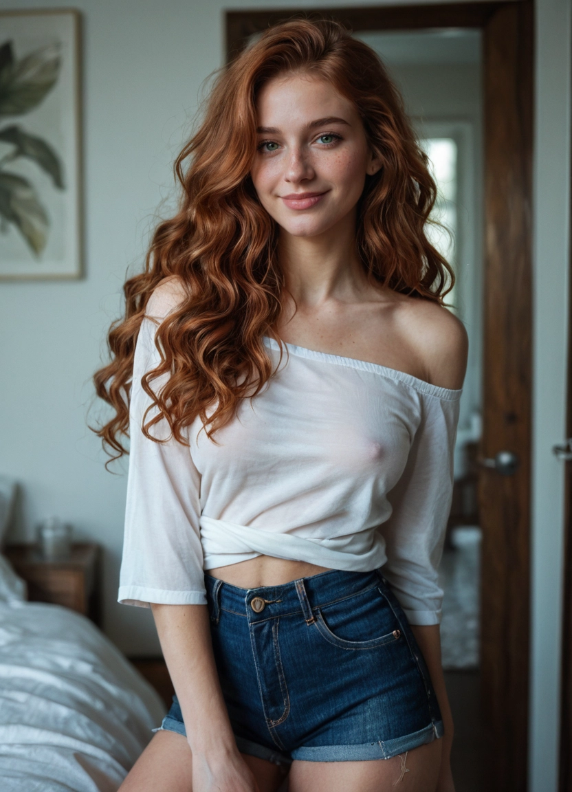 1girl, realistic, freckles, solo, shorts, long hair · Yamete.gg