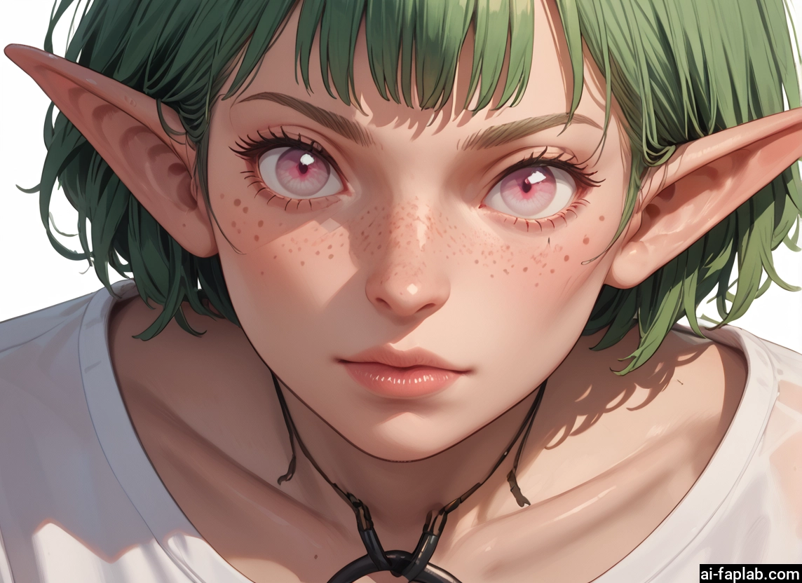 1girl, pointy ears, solo, freckles, green hair, short hair · Yamete.gg