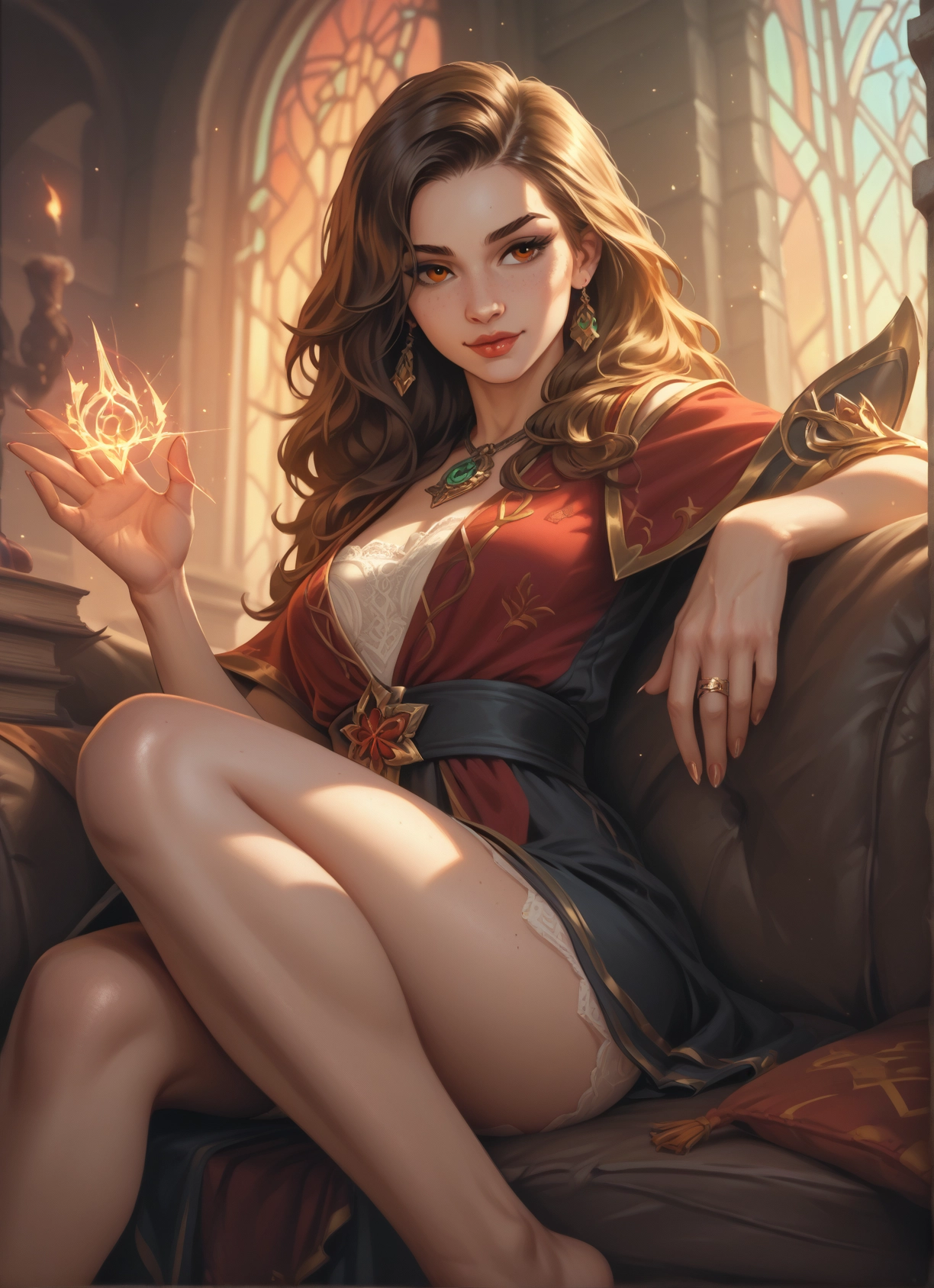 1girl, jewelry, earrings, sitting, brown hair, solo · Yamete.gg