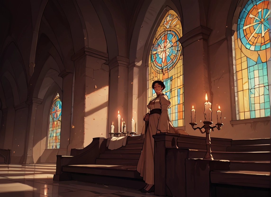 1girl, candle, solo, stained glass, short hair, indoors