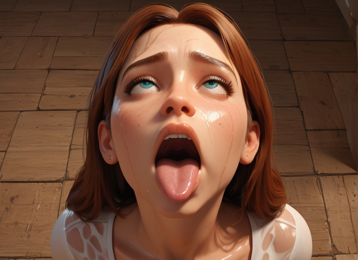 1girl, looking up, solo, tongue, wet, brown hair · Yamete.gg
