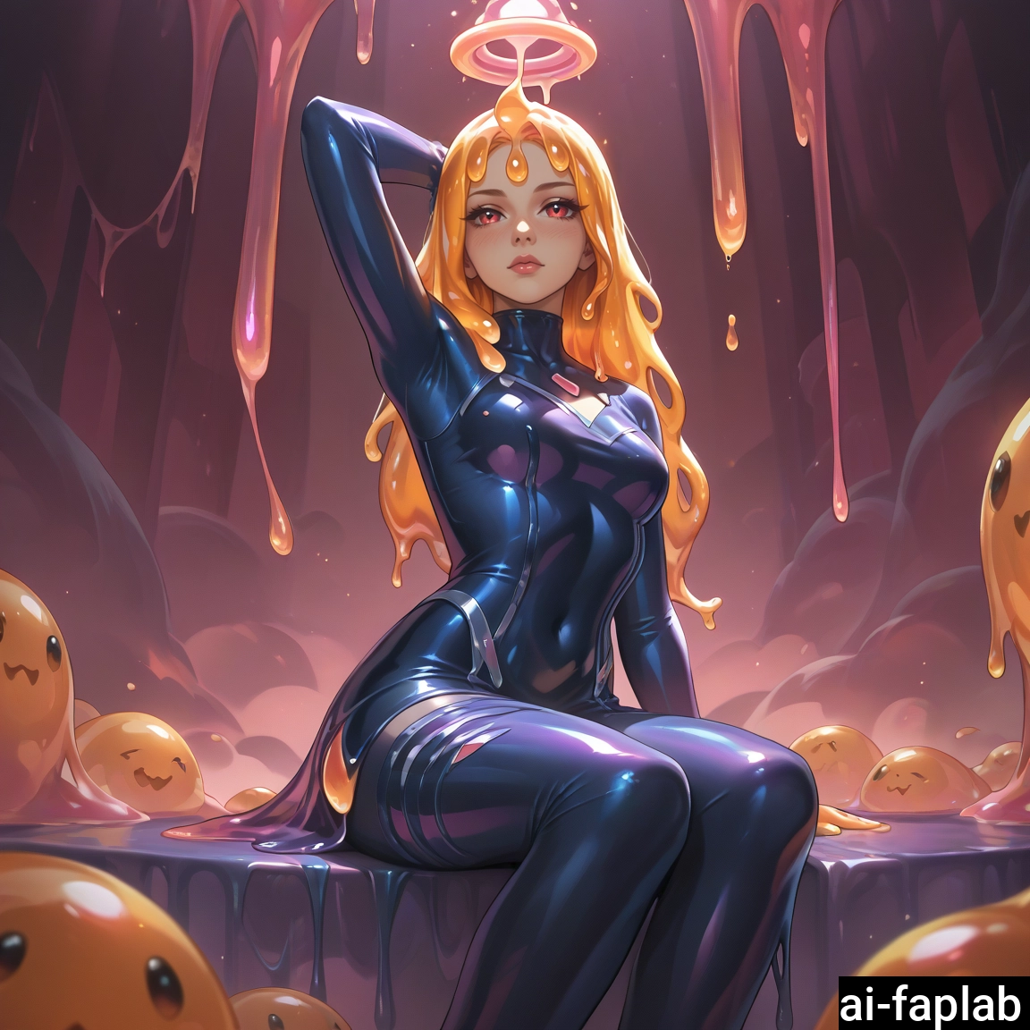 1girl, long hair, bodysuit, red eyes, sitting, breasts · Yamete.gg