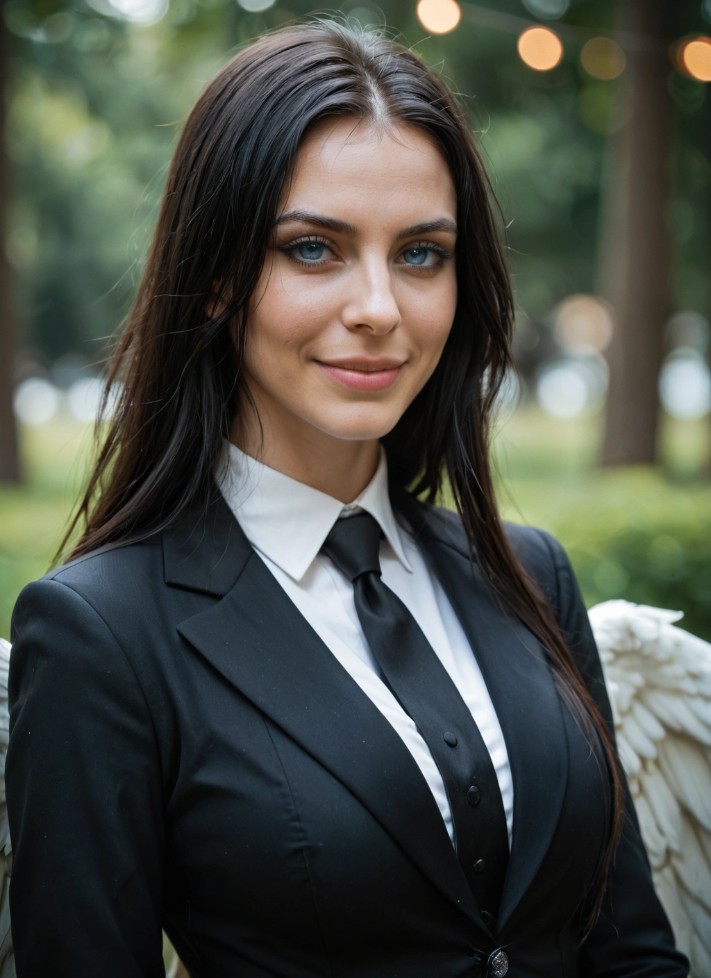 1girl, wings, solo, necktie, long hair, formal · Yamete.gg