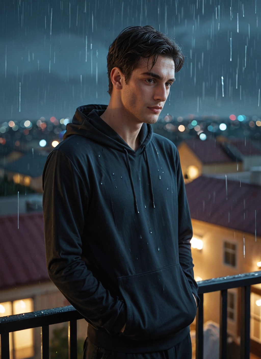 1boy, male focus, rain, hood, solo, hoodie · Yamete.gg