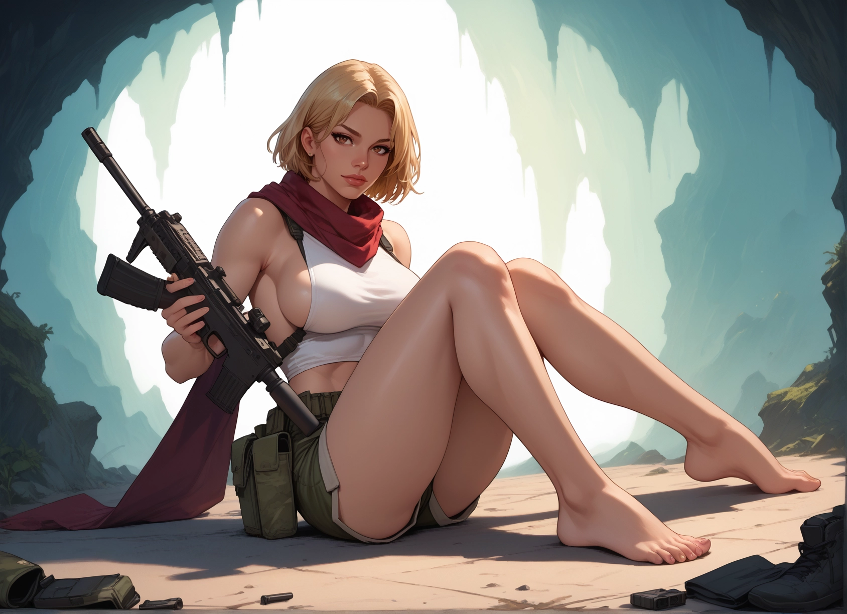 1girl, weapon, breasts, gun, barefoot, shorts · Yamete.gg