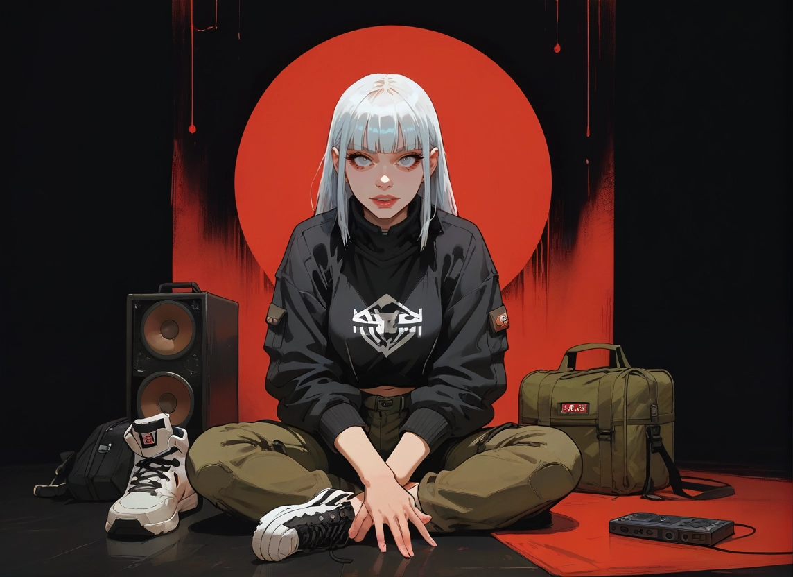 1girl, bag, sitting, solo, bangs, looking at viewer