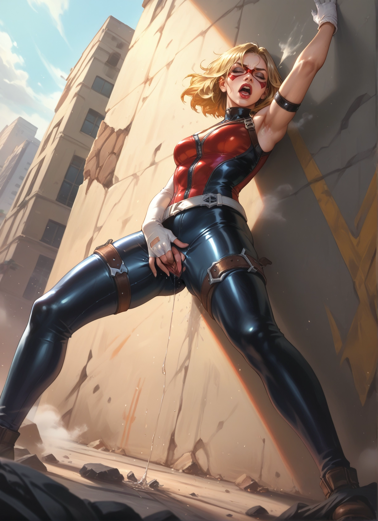 1girl, blonde hair, solo, gloves, fingerless gloves, pussy juice · Yamete.gg