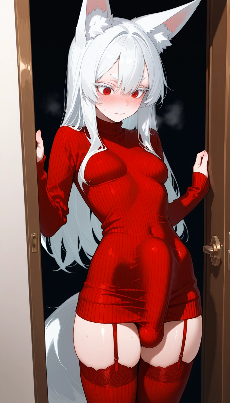 futanari, animal ears, red eyes, solo, 1girl, thighhighs · Yamete.gg