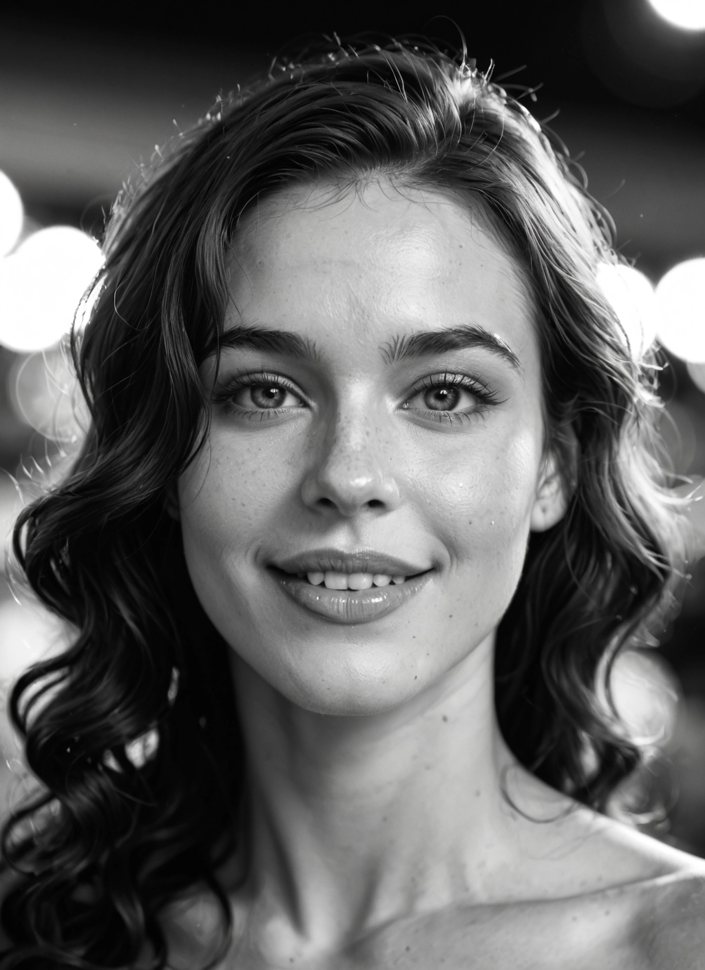 monochrome, greyscale, 1girl, solo, smile, realistic · Yamete.gg