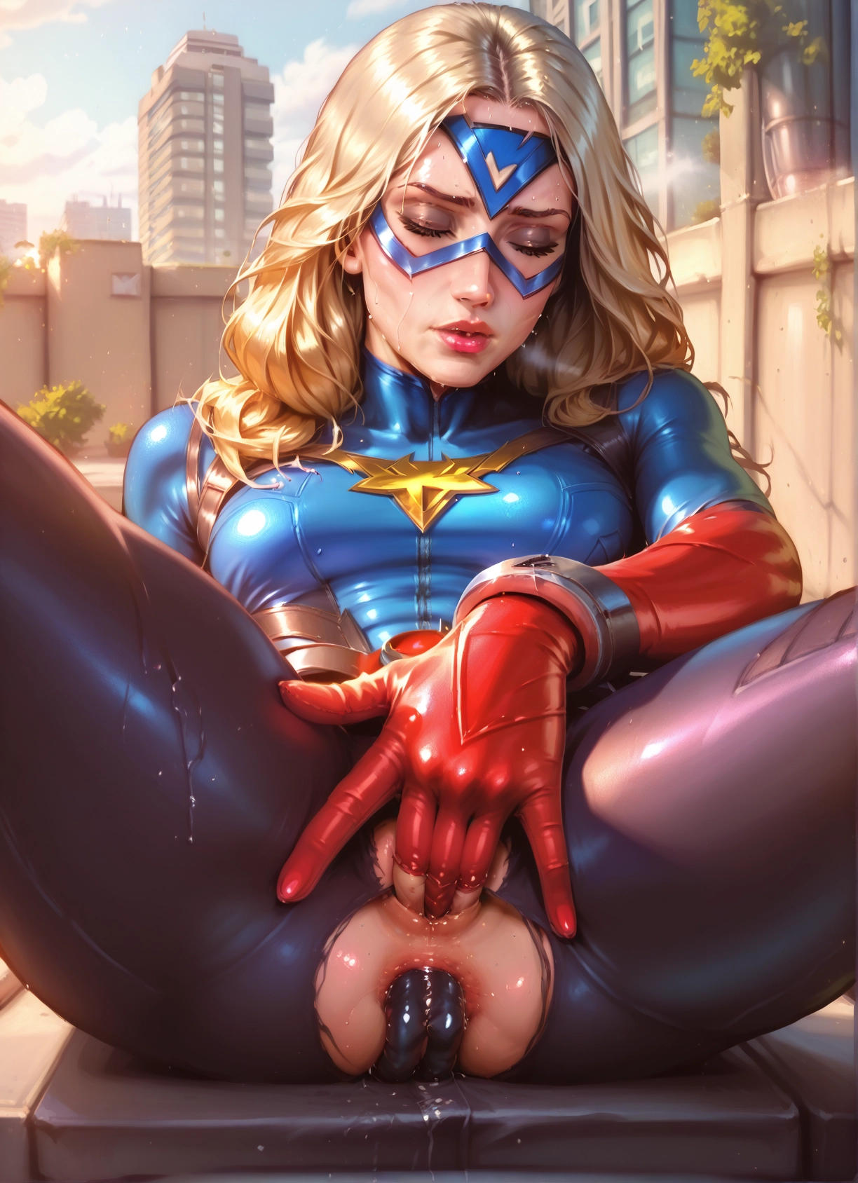 1girl, blonde hair, solo, torn clothes, anal, bodysuit · Yamete.gg