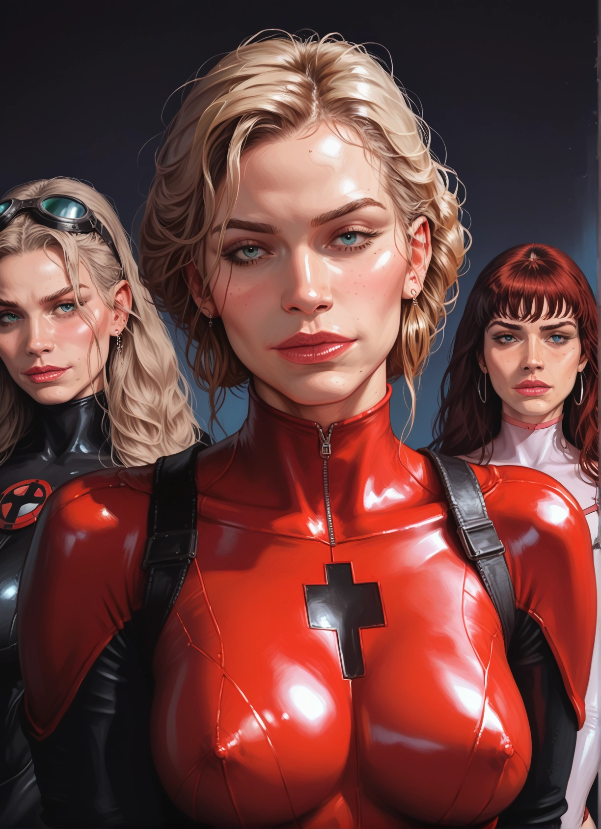 multiple girls, 3girls, blonde hair, jewelry, goggles, bodysuit · Yamete.gg