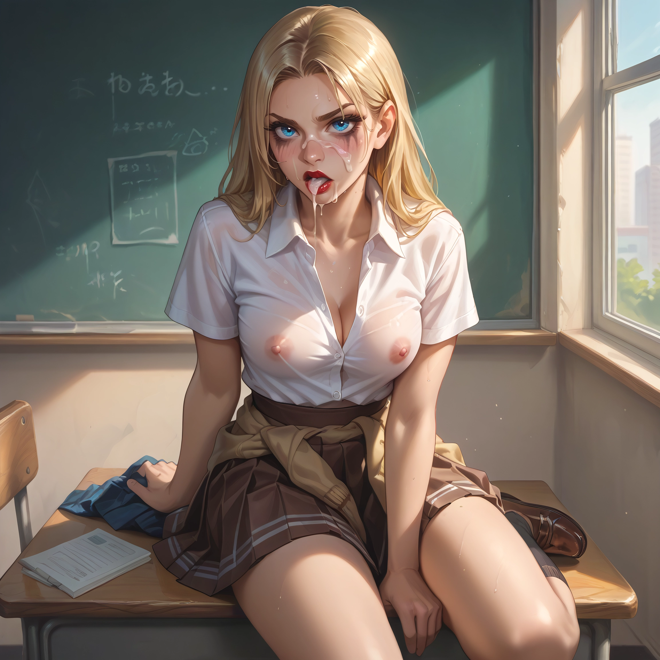 1girl, breasts, blonde hair, skirt, cum, blue eyes · Yamete.gg
