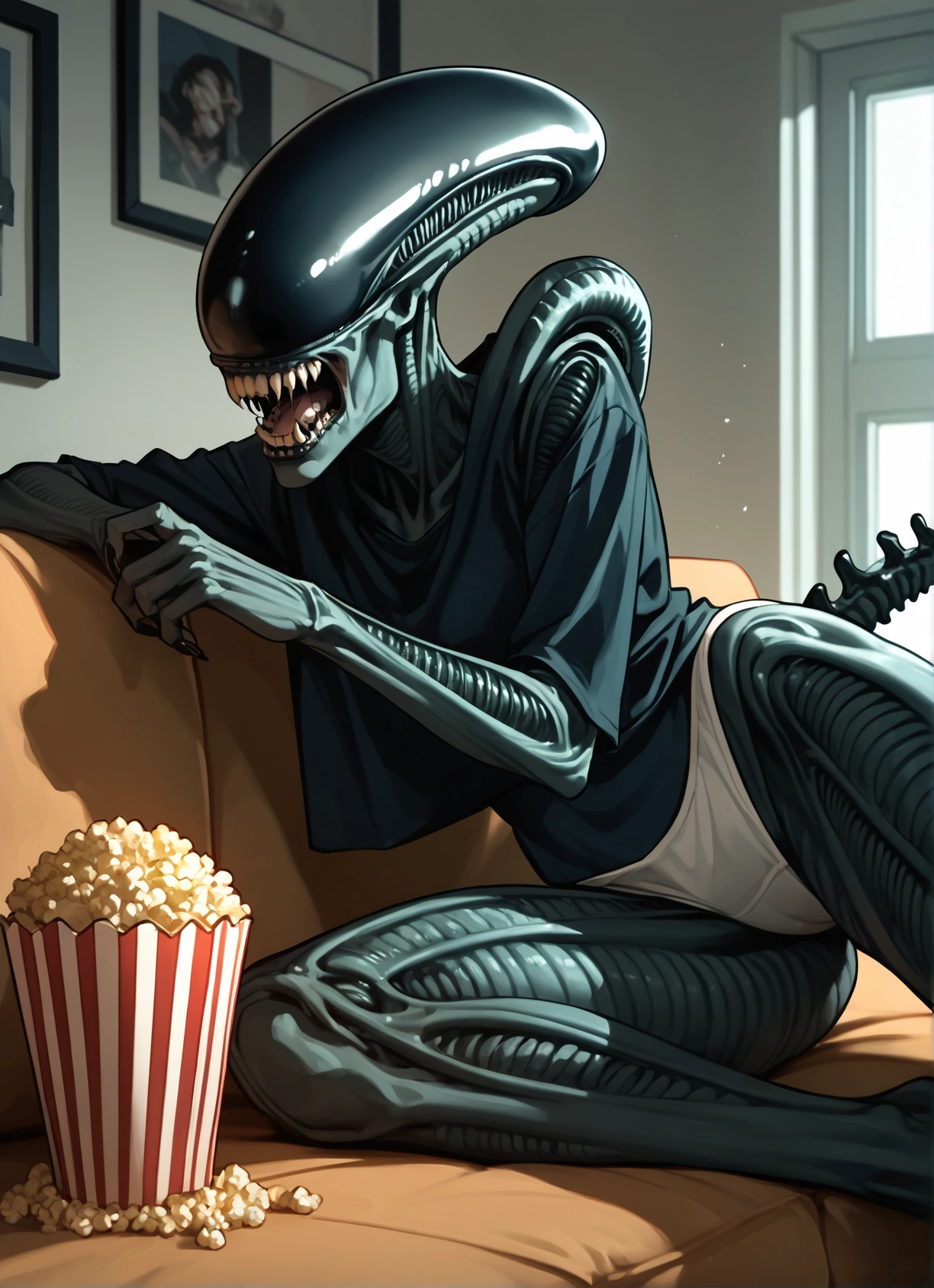popcorn, teeth, underwear, food, panties, couch · Yamete.gg