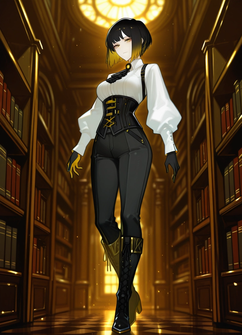 1girl, solo, multicolored hair, shirt, boots, bookshelf