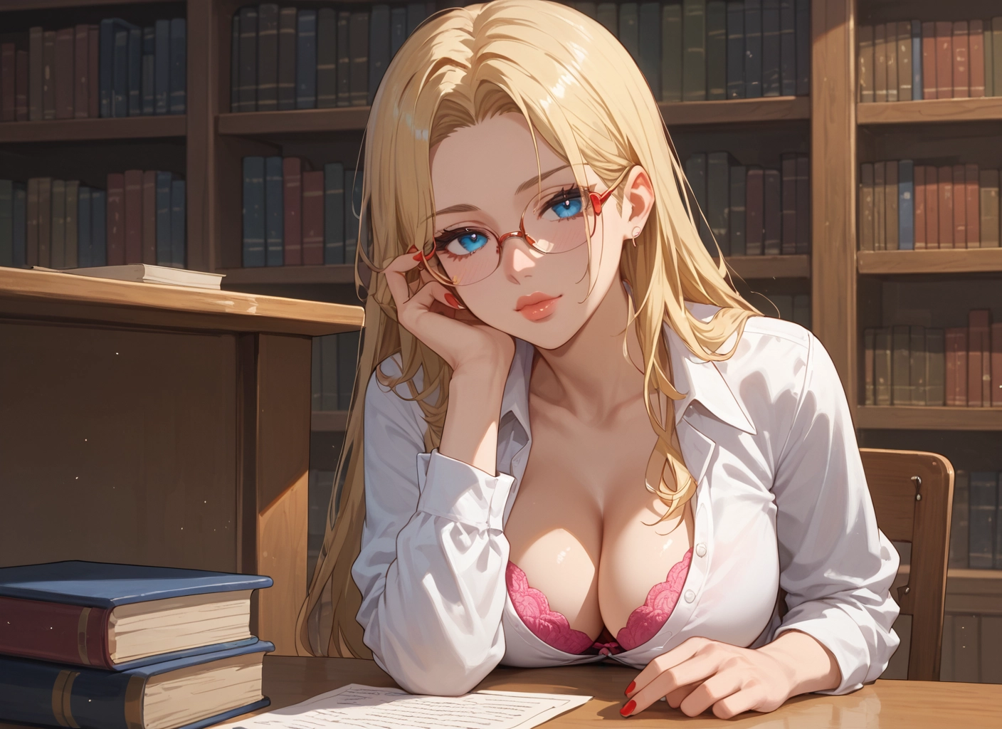 1girl, breasts, underwear, bra, blonde hair, glasses · Yamete.gg