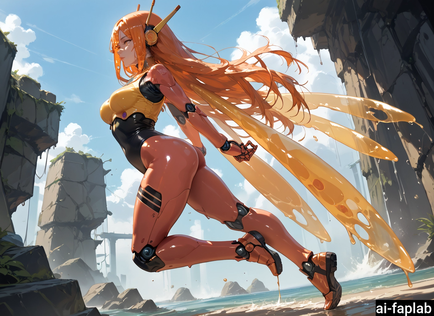 1girl, solo, long hair, joints, outdoors, orange hair · Yamete.gg