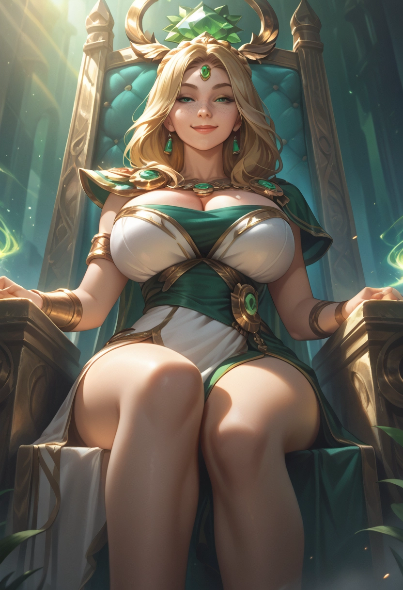 1girl, breasts, blonde hair, jewelry, sitting, large breasts