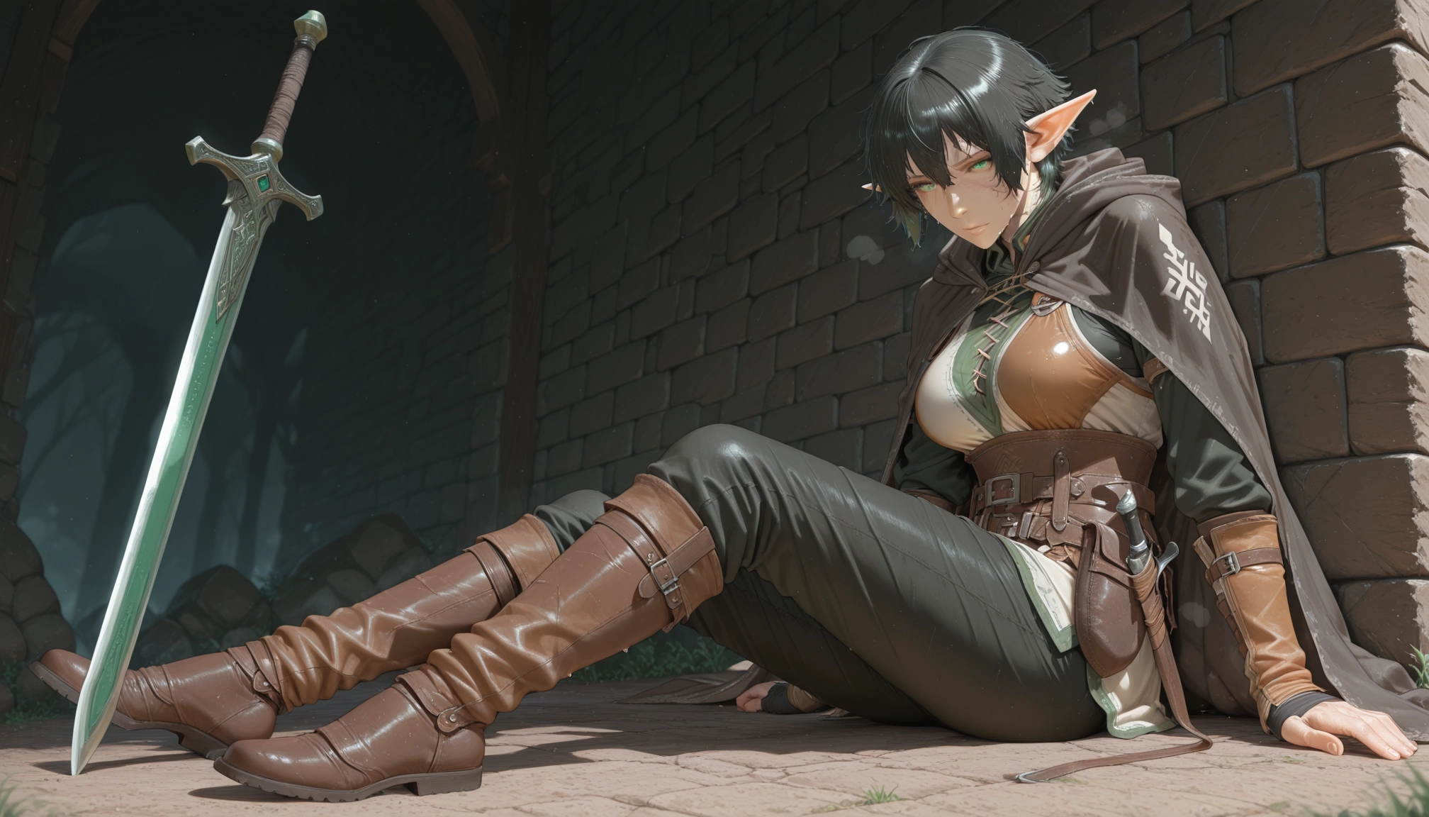 1girl, pointy ears, weapon, boots, brown footwear, solo · Yamete.gg