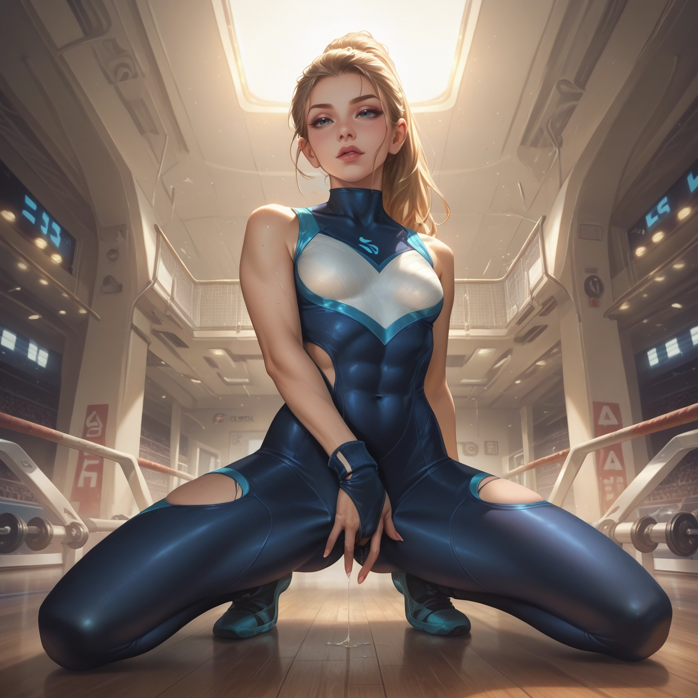 1girl, solo, blonde hair, blue eyes, bodysuit, breasts · Yamete.gg