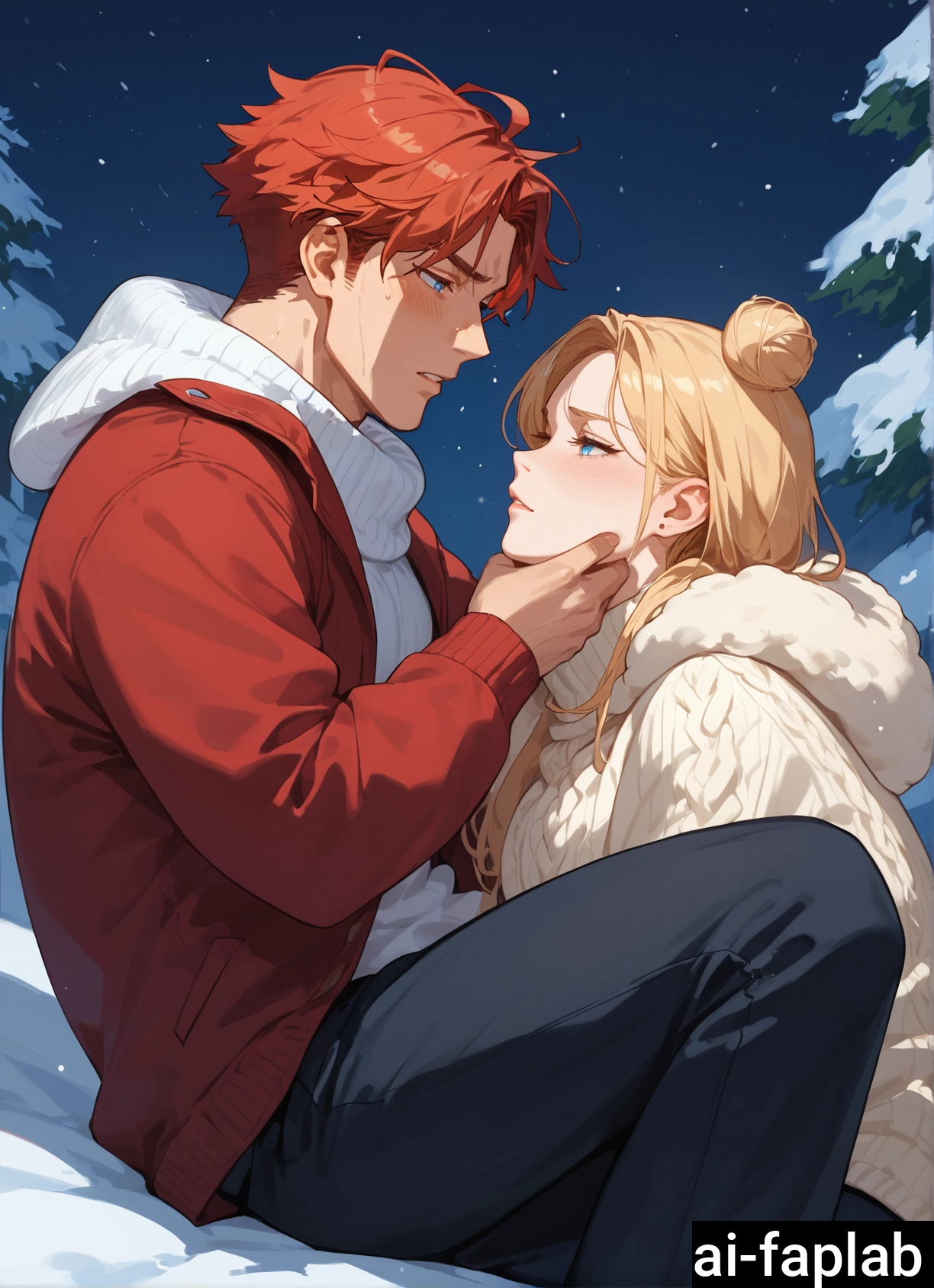 1girl, 1boy, blonde hair, jacket, blue eyes, sweater