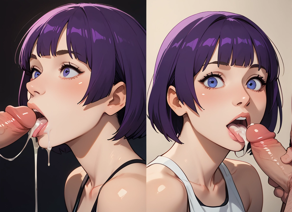 penis, 1girl, cum, hetero, cum in mouth, purple hair · Yamete.gg