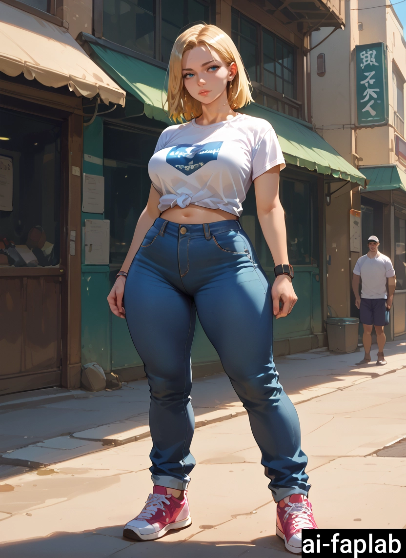 android 18, denim, shirt, blonde hair, 1girl, pants · Yamete.gg