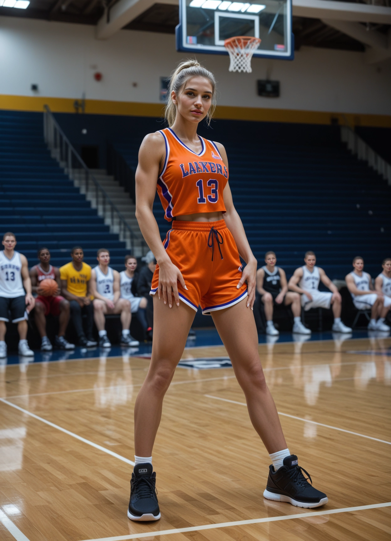 realistic, shorts, orange shorts, 1girl, sneakers, basketball uniform