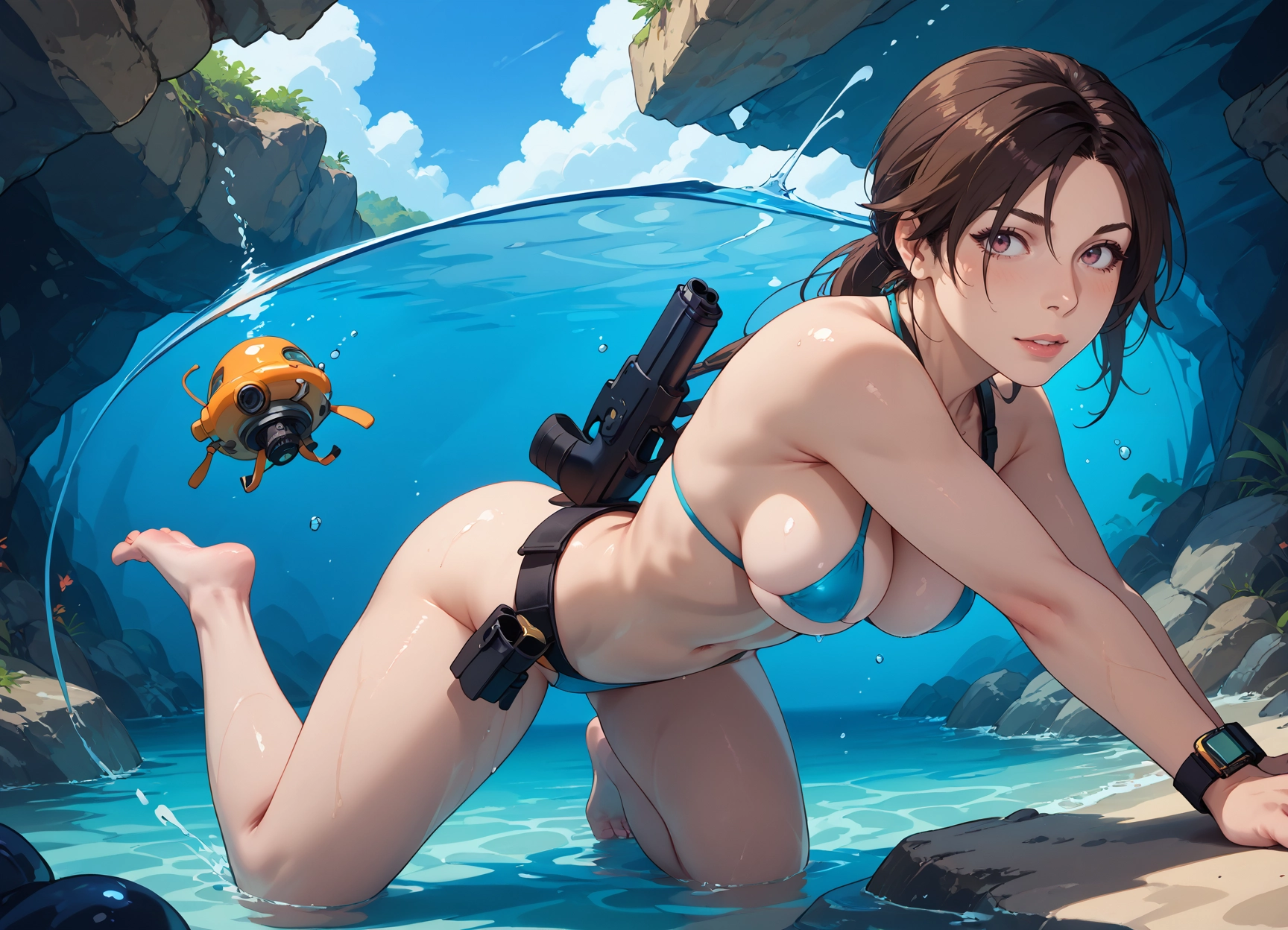 1girl, swimsuit, breasts, bikini, brown hair, weapon · Yamete.gg