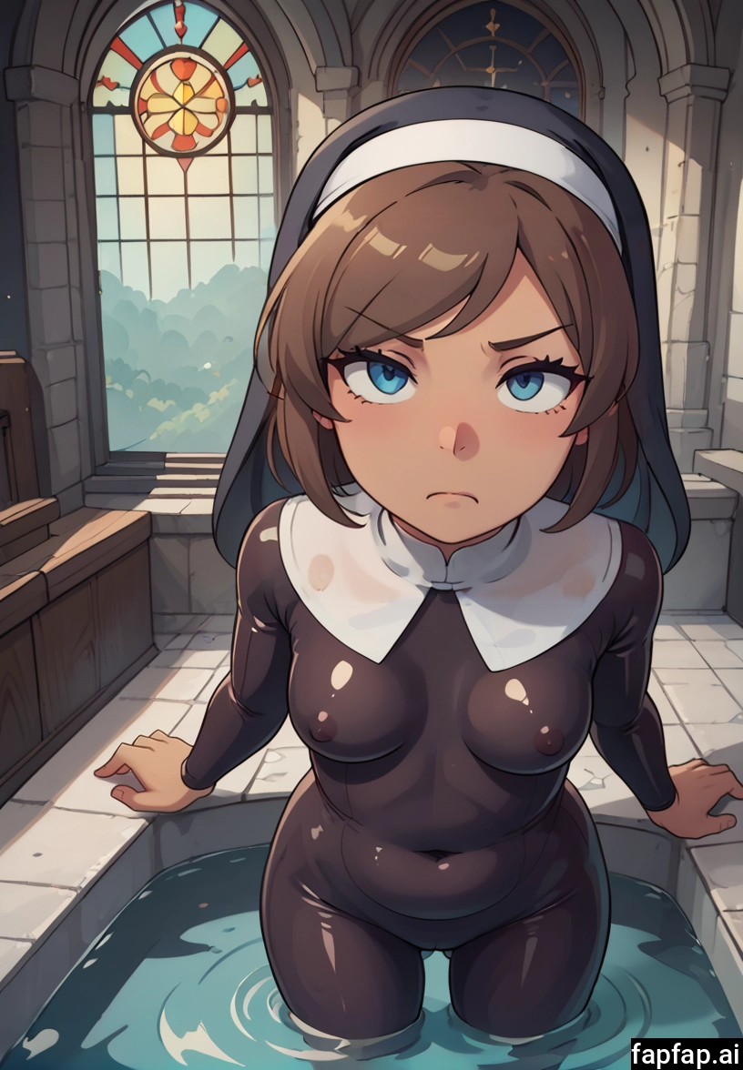 1girl, breasts, solo, brown hair, nun, looking at viewer · Yamete.gg