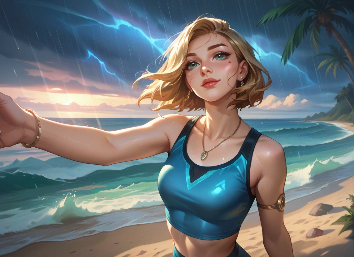 1girl, jewelry, blonde hair, beach, solo, breasts · Yamete.gg