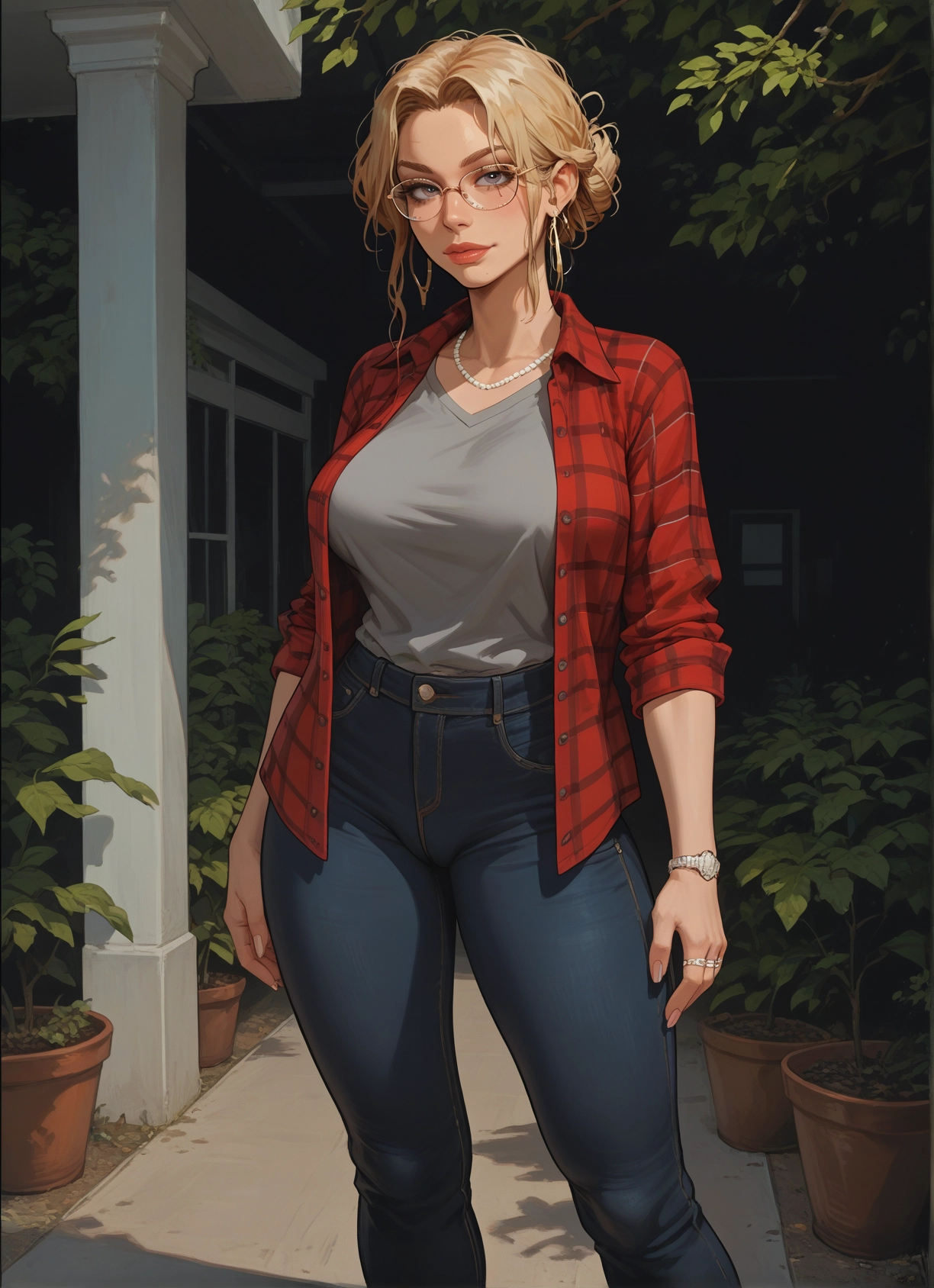 1girl, jewelry, blonde hair, pants, glasses, necklace · Yamete.gg